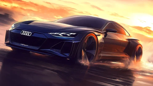 Sunset-lit Audi sports car powers forward with sleek confidence
