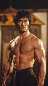 Shirtless martial artist in dim indoor training environment.