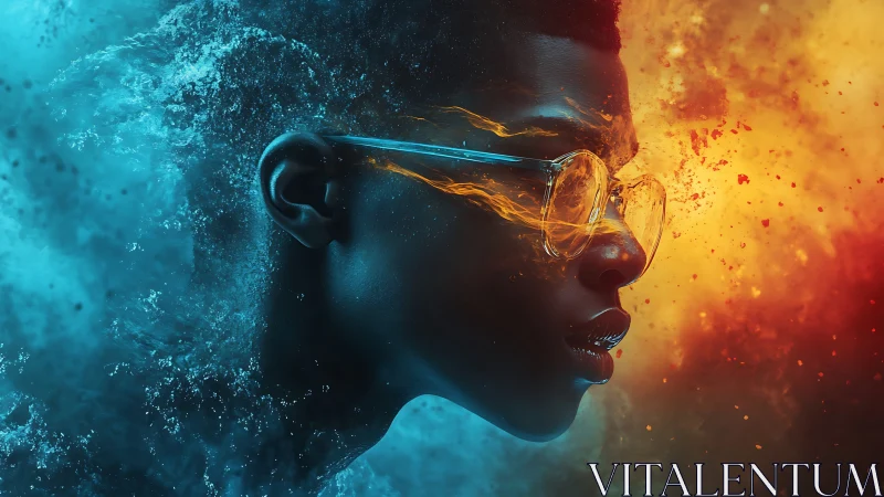 Digital portrait uniting fire and water around reflective face.