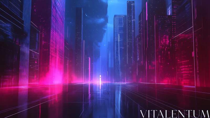 Neon corridor cityscape in symmetric cyberpunk perspective.