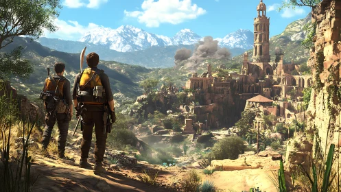 Two armed explorers overlook ruined mountain fortress city
