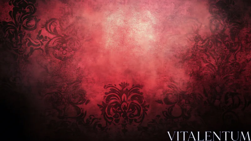 Vignetted red damask grunge background with faded central glow
