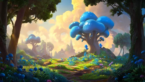 Digital landscape depicts fantastical forest with blue flora and celestial atmosphere