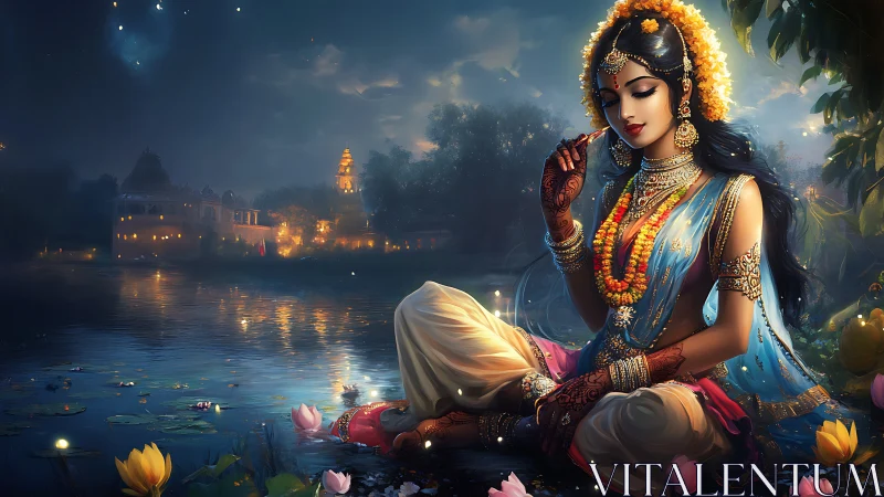 Moonlit goddess rests by a quiet river in gentle reflection