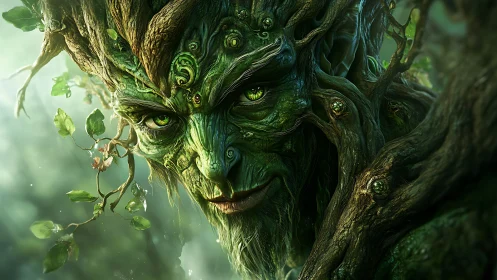 Gentle forest guardian with a wise, leaf-laced smile.