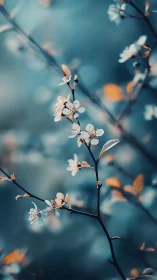 Delicate White Blossoms on Dark Branch Against Soft Blue