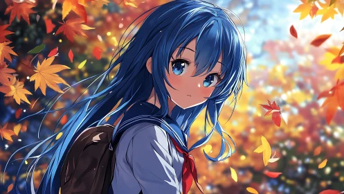Blue haired schoolgirl in autumn foliage background scene.