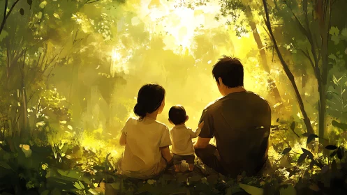 Family sits in sunlit forest clearing, sharing quiet peace.