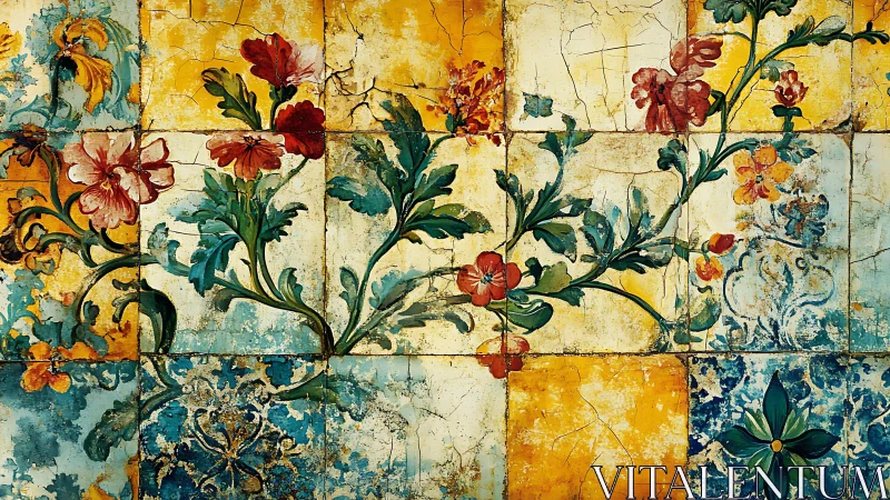 Weathered floral tiles with ornate botanical scrollwork art.
