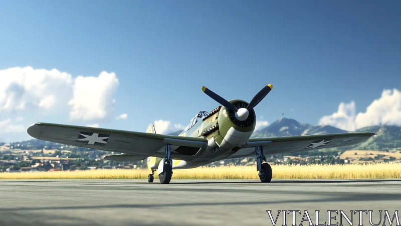 Vintage fighter aircraft stands on sunlit rural airstrip