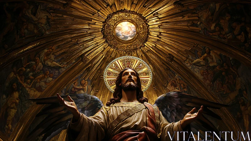 Angel statue stands beneath radiant golden domed ceiling