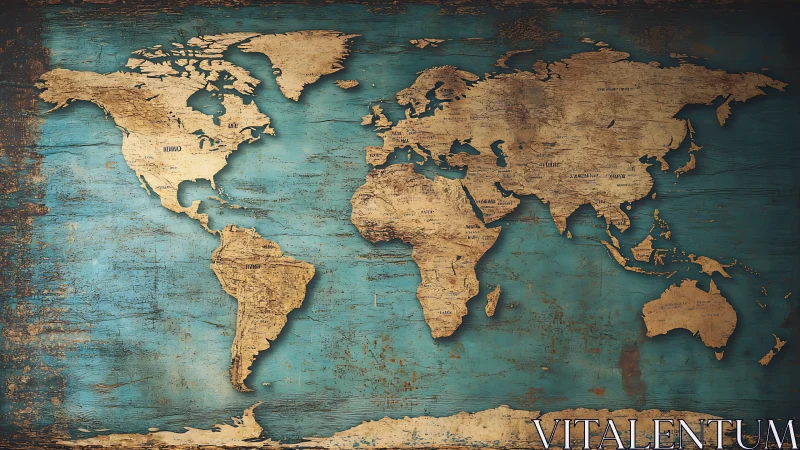 Aged world map silhouette overlays distressed teal plank ground