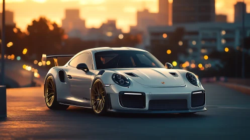 White widebody track coupe at sunset in urban rooftop setting