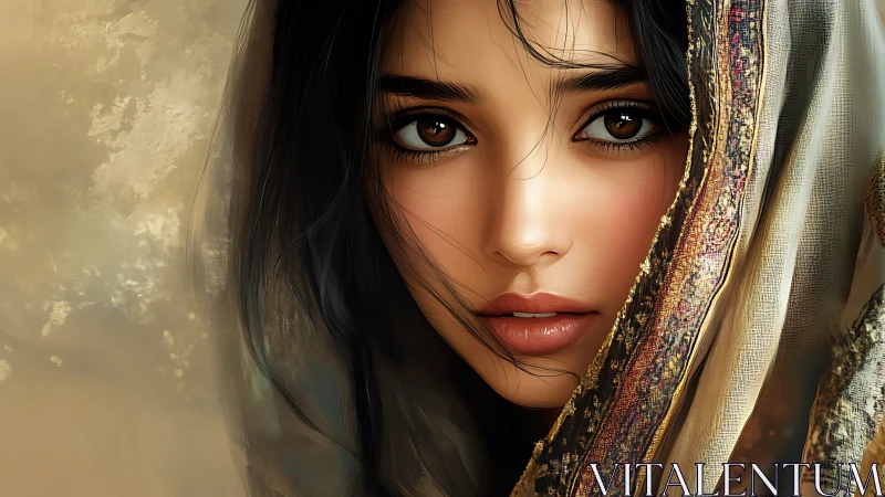 Velvet gaze beneath gilded veil in sunlit hush.