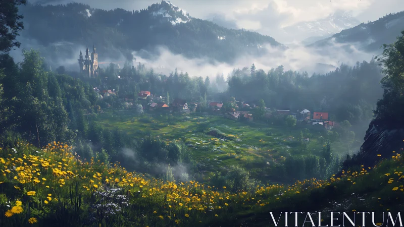 Mountain valley village with wildflower meadow and distant castle.