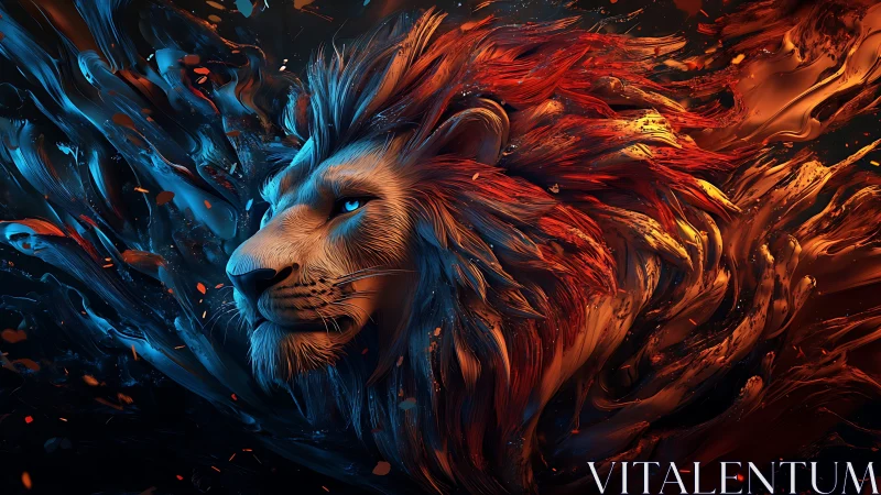Lion head rendered in flowing dual tone digital abstraction