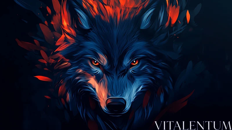 Neon blue wolf head burns through dark abstract void.