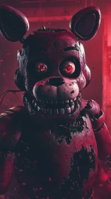 Deteriorated animatronic bear rendered in ominous red lighting