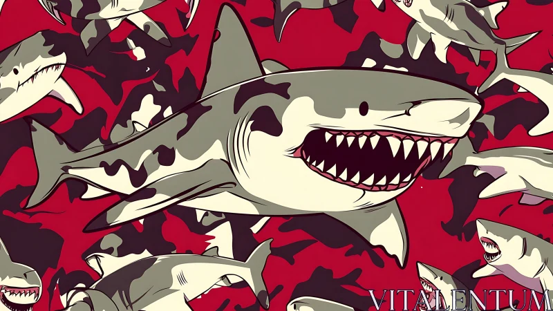 Multiple stylized sharks overlap on a red patterned field