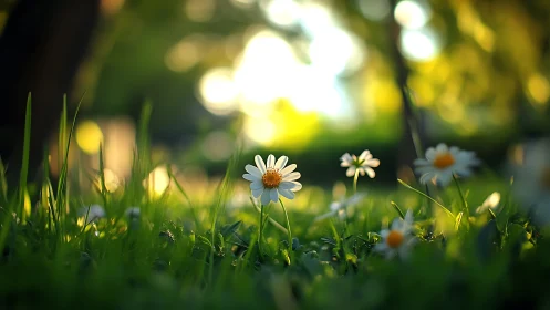 Daisy in sunlit meadow with dreamy shallow focus glow.