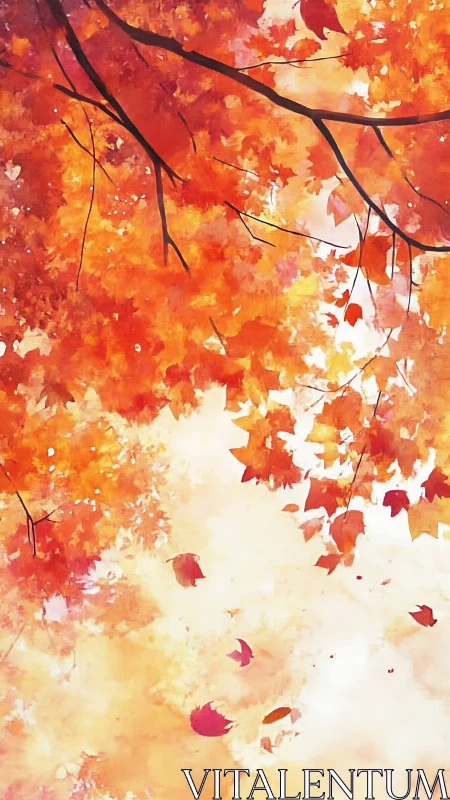 Overhead perspective of orange autumn foliage canopy.