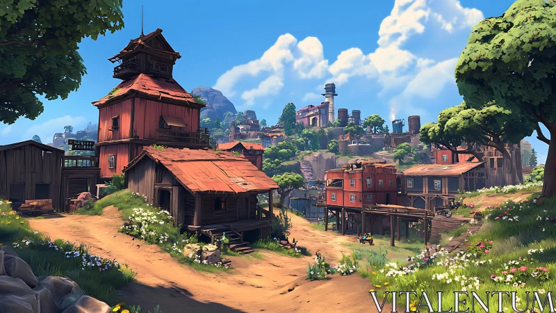 Sunlit cliffside village winding between trees and towers.