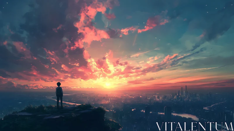 Solitary figure overlooks neon city beneath radiant sunset.
