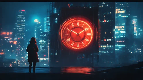 Solitary figure facing giant red clock in neon cityscape.