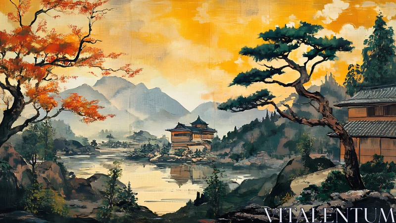 Golden lake sunset around a tranquil Japanese temple retreat.