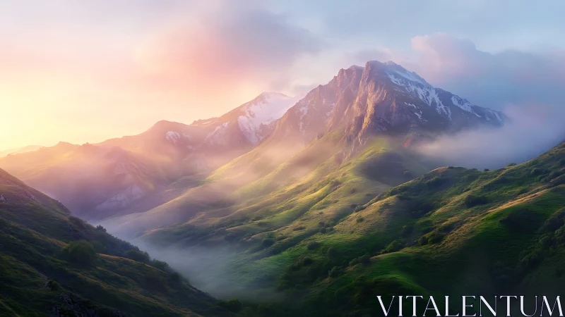 Sun-kissed emerald ridges under a dreamlit alpine crown.