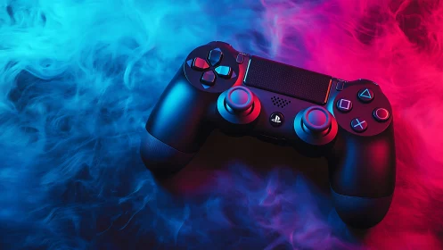 PlayStation Controller Against Neon Blue and Pink Vapor Background