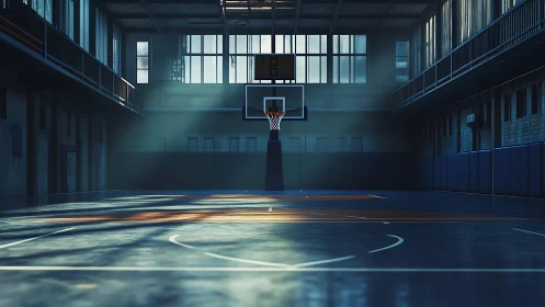 Empty indoor basketball court shows central hoop and floor lines