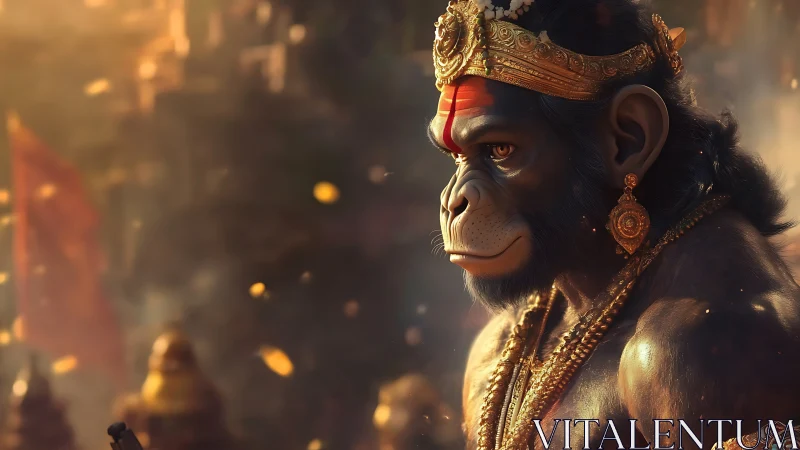 Highly detailed simian warrior deity rendered in warm volumetric light