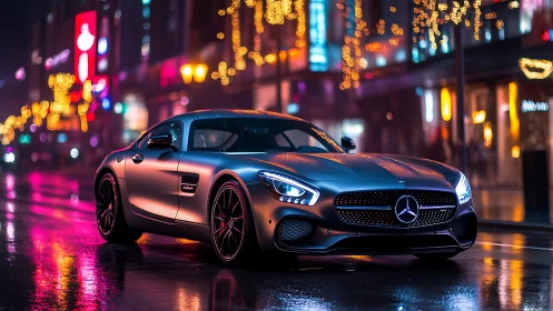 Sleek sports car glows under neon lights on rainy city street