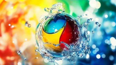 Chromatic sphere encased in dynamic water splash motion.