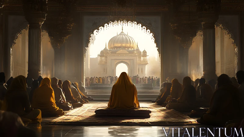 Monks gathered in golden temple hall facing distant shrine.