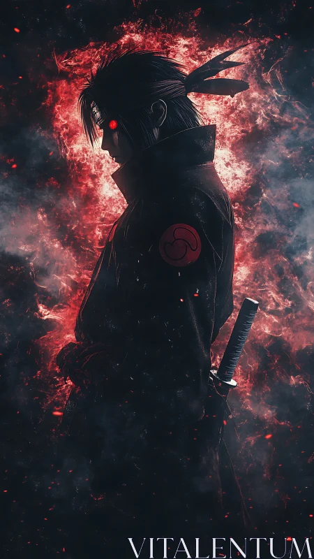 Brooding anime swordsman framed in glowing red embers.