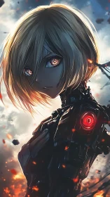 Cybernetic girl with glowing optic implants surveys burning battlefield