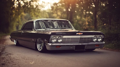 Classic black Chevrolet lowrider parked on forest road.