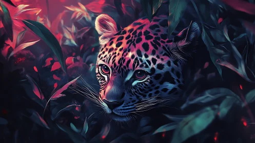 Neon Ocelot Digital Rendering with Chromatic Gradient Foliage.