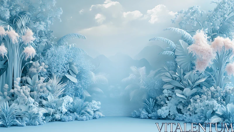 Dreamy pastel jungle opening onto soft misty mountains.