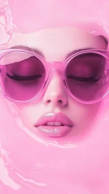 Pink gloss portrait submerges in neon liquid calm.