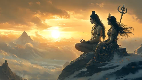 Divine couple meditating above sunlit Himalayan cloud seas.