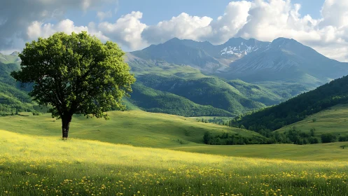 Isolated tree dominates layered alpine valley under dynamic clouds