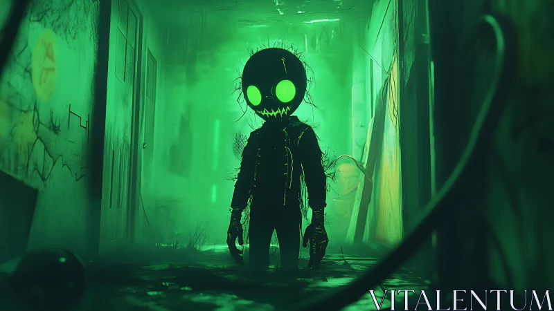 Glowing-eyed humanoid silhouette in green industrial corridor.