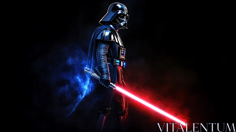 Dark armored figure ignites red energy blade in void.