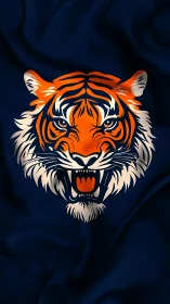 Stylized tiger head illustration on dark blue cloth field.