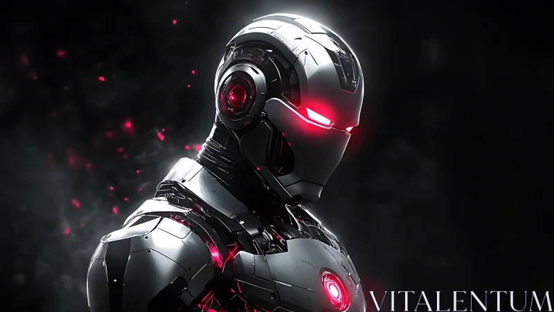 High-gloss tactical android armor with red emissive highlights