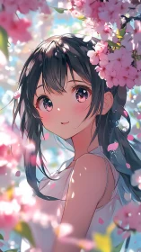 Spring girl framed by glowing cherry blossom petals.