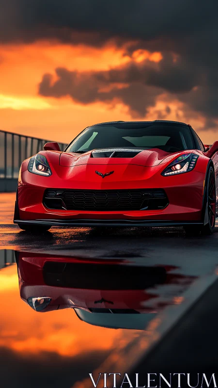 Low-angle frontal analysis of red sports coupe at sunset.